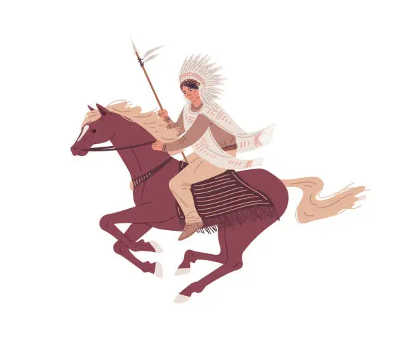 Vector illustration of Native American in traditional costume with feathers on horseback flat style