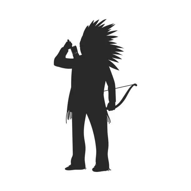 Vector illustration of Black silhouette of Native American holding bow and pulling arrow from quiver