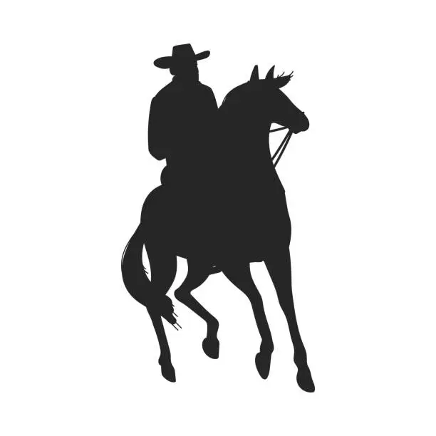 Vector illustration of Silhouette of cowboy or ranger in hat riding horse, vector illustration isolated.