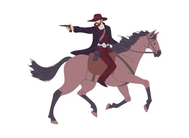 Vector illustration of Cowboy or ranger shooting back from enemies on horseback, flat vector isolated.