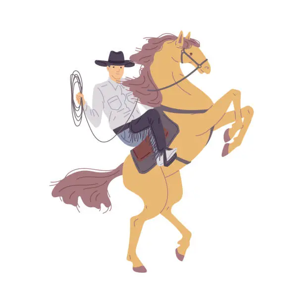 Vector illustration of Cowboy or rodeo rider throwing lasso on rearing up horse, vector isolated.