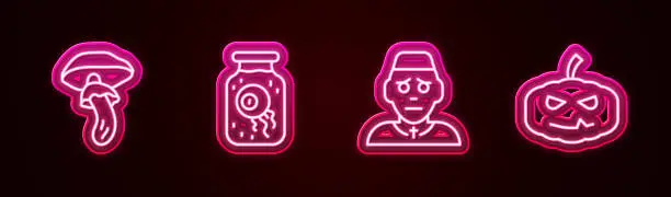 Vector illustration of Set line Psilocybin mushroom, Eye a jar, Priest and Pumpkin. Glowing neon icon. Vector