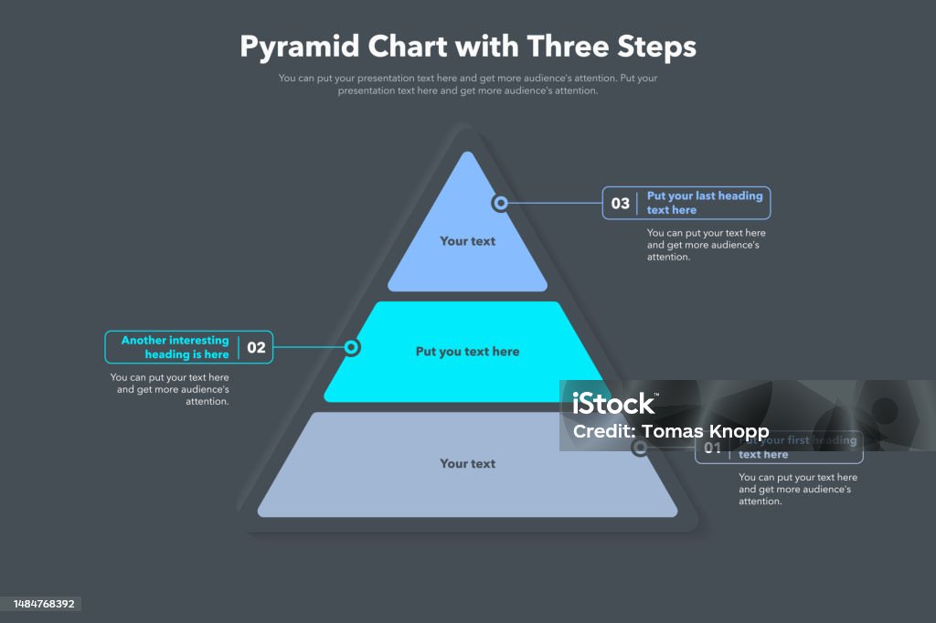 Pyramid Mot Mit Pyramidendiagrammvorlage Mit Drei Bunten Schritten Dunkle Version Stock ...