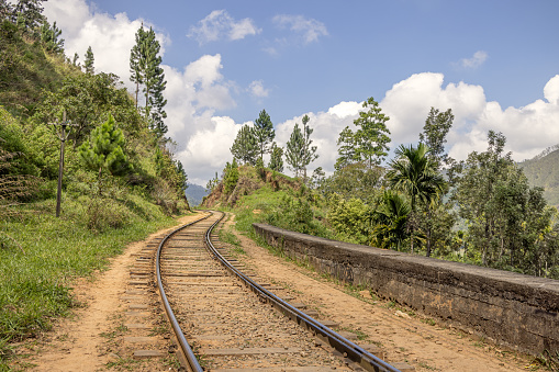 Old and worn railroad track in the mountains outside the city Ella in the Uva Province in Sri Lanka