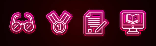 istock Set line Glasses, Medal, Exam sheet and pencil and Online class. Glowing neon icon. Vector 1484769255