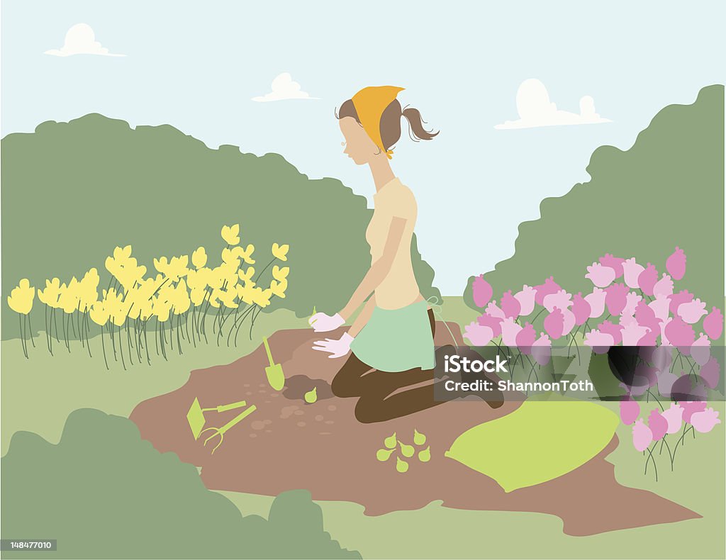 Femme planter des fleurs - clipart vectoriel de Adulte libre de droits