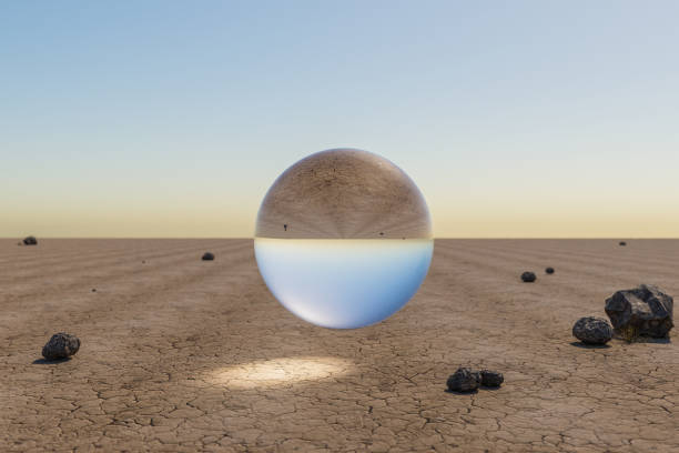 istock single glas sphere ball hovering in the air in large empty desert environment; abstract surreal concept; 3D Illustration 1484770729