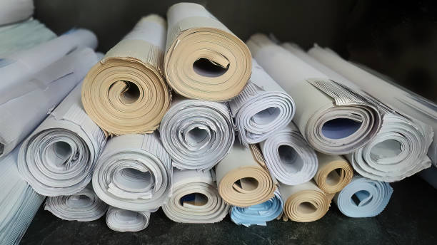 istock Stack pile of blueprint rolls, rolled up paper, archive building drawings, hard copy of architect and engineer design, asbuilt, professional, construction industry 1484770801