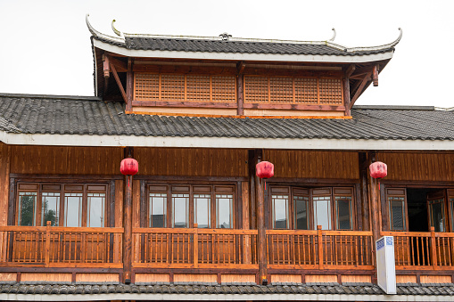 Close-up of traditional Chinese wooden and bamboo buildings
