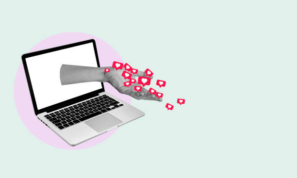 istock Creative abstract collage template woman hand algorithm giving likes hearts reaction social media. 1484771442
