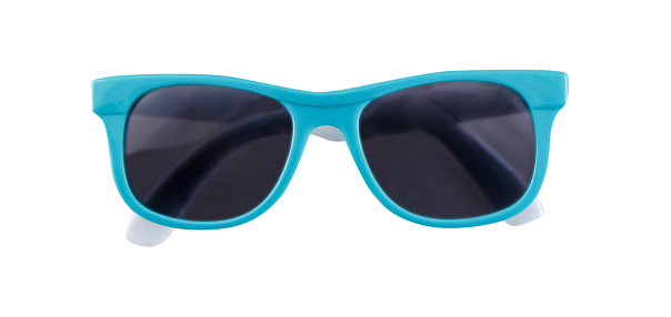 Children's sunglasses with plastic turquoise frame and dark glass, white background, cut out, clipping path