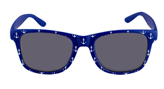 Children's sunglasses, blue frame with anchor pattern, white background, cut out, clipping path