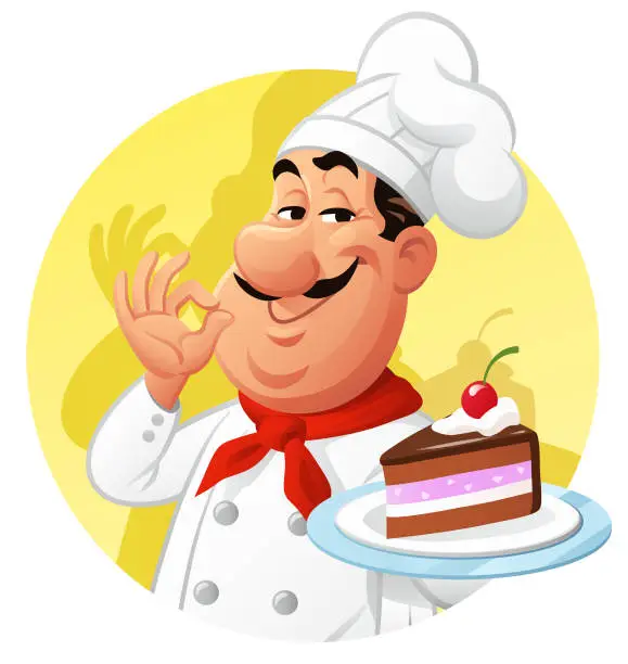 Vector illustration of Chef Presenting A Piece Of Cake