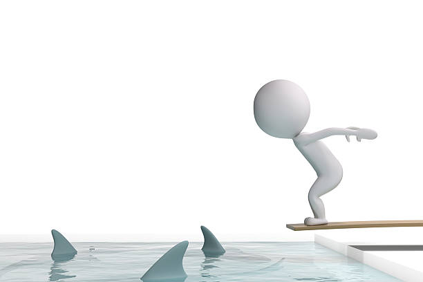 istock 3d human jumps in a swimming pool with sharks 148477504