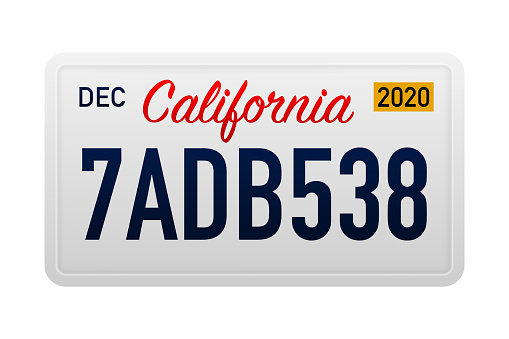California s Car number in the United States of America. Marking of car license plates. Realistic car registration plate. Vector illustration