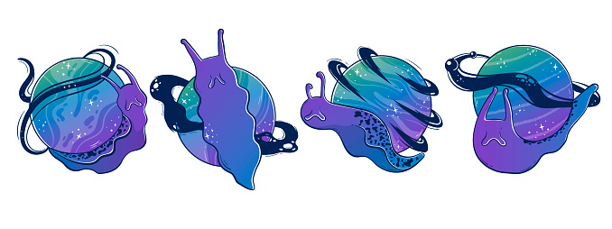 Clipart collection with Mystical slug snails with a space planet instead of a shell-house. Hand drawn with gradient vector.