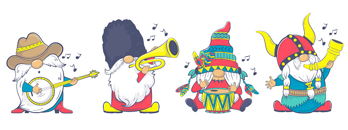The International Gnome Band clipart. Vector Musical Gnomes in National Costumes. Cartoonish Gnomes in National Dress and Instrumentation