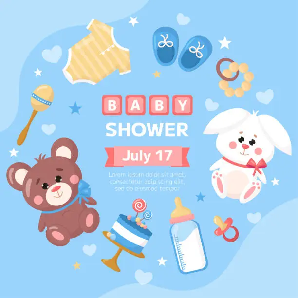 Vector illustration of Vector baby shower invitation template poster. Cartoon childish toy bear, rabbit, kids booties, pacifier, bottle on blue background. Square backdrop, flyer, brochure for event.
