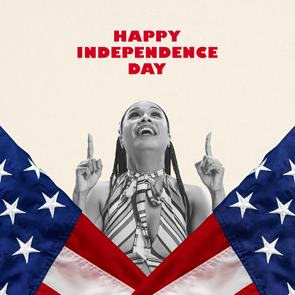 Positive, smiling, happy young woman standing over american flags, celebrating independence day. Contemporary art collage. Concept of american culture, history, patriotism, holiday, 4th of july