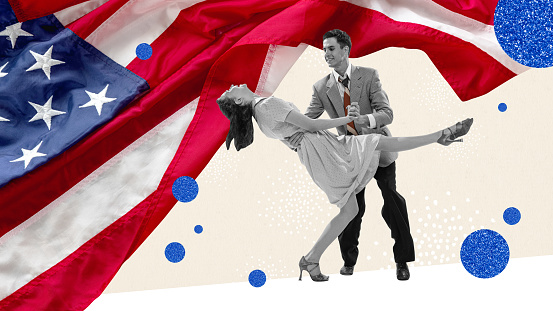 Happy man and woman in retro clothes dancing over american flag, celebrating independence day with joy. Contemporary art collage. Concept of american culture, history, patriotism, holiday, 4th of july