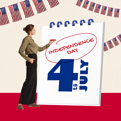 Woman marking 4th of july in calendar as important day. Independence day of america celebration. Contemporary art collage. Concept of american culture, history, patriotism, holiday, 4th of july