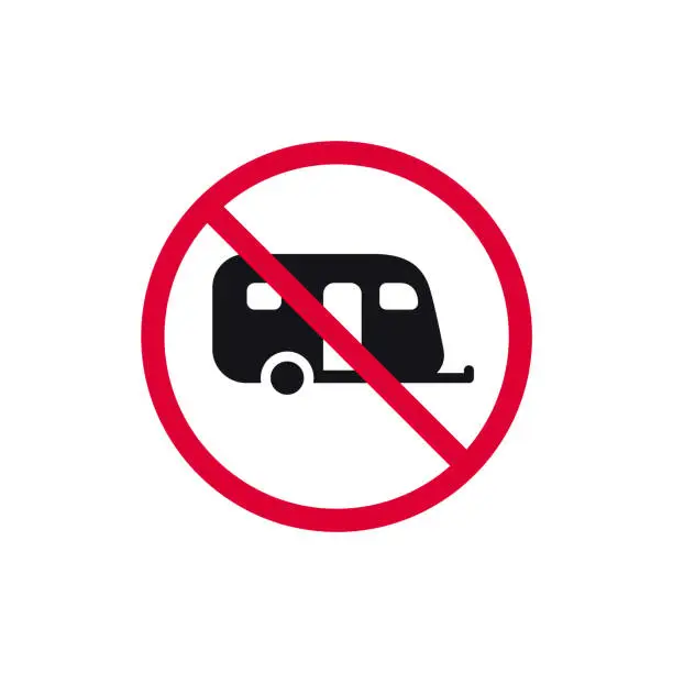 Vector illustration of No camping cars prohibited sign, no caravan forbidden modern round sticker, vector illustration