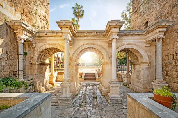 Hadrian's Gate, entrance of old town in Antalya, Turkey. Historic city, very popular tourist place in Turkey.
