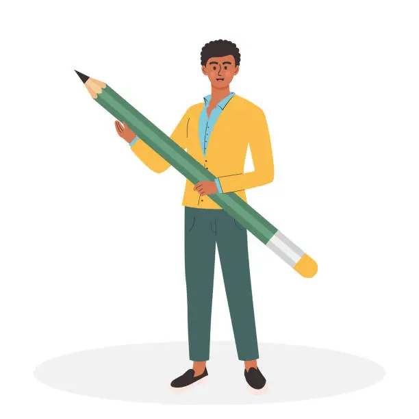 Vector illustration of Young afro american man holding big pencil. Student boy with large pencil. Writing, creating, education, copywriting and blogging concept.