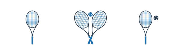 illustrazioni stock, clip art, cartoni animati e icone di tendenza di set di icone racchetta da tennis. collezione di icone di badminton, mazza, palla e altro. illustrazione vettoriale piatta modificabile. - racchetta da volano