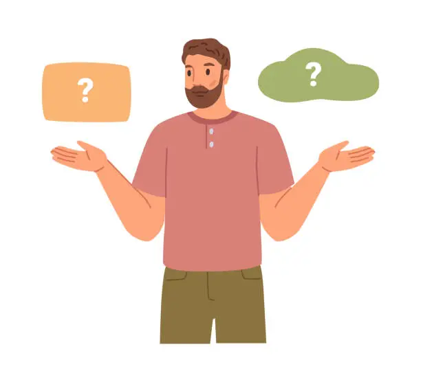 Vector illustration of Decision making, isolated man choosing between answers. Choosing preference or right variant, correct option for person. Vector in flat cartoon illustration
