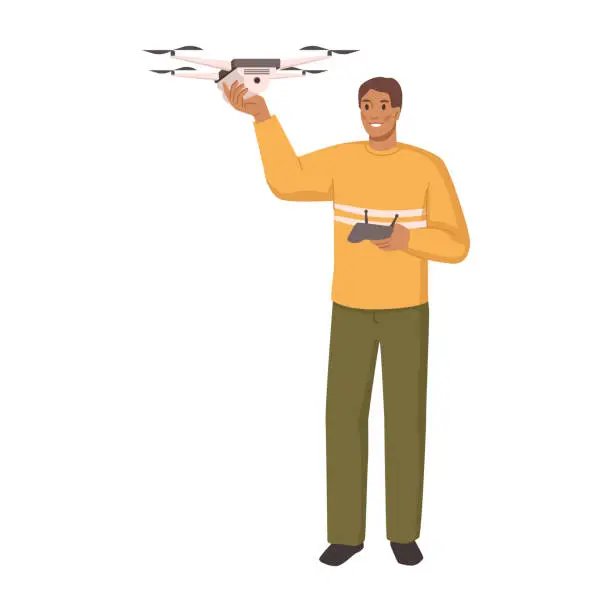 Vector illustration of Drone with controller in hands of man. Isolated personage with unmanned aerial vehicle. Small aircraft with camera. Vector in flat cartoon illustration