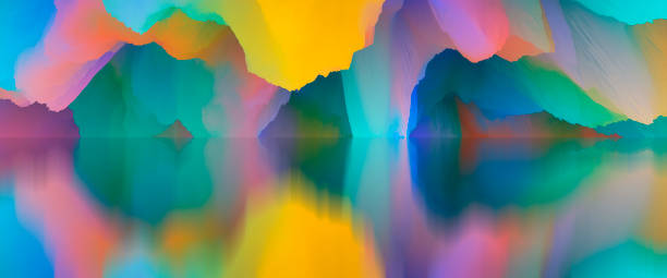 Magical world. Abstract Landscape, surreal lake and reflections. art, creativity and imagination. 3d illustration