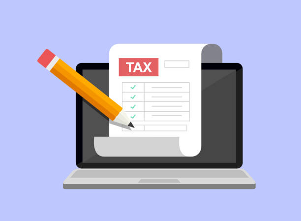 Financial tax report. Tax return calculation. Laptop with tax form and pencil. Vector illustration of online taxes payment. Financial tax report. Tax return calculation. Laptop with tax form and pencil. Vector illustration of online taxes payment. tax stock illustrations