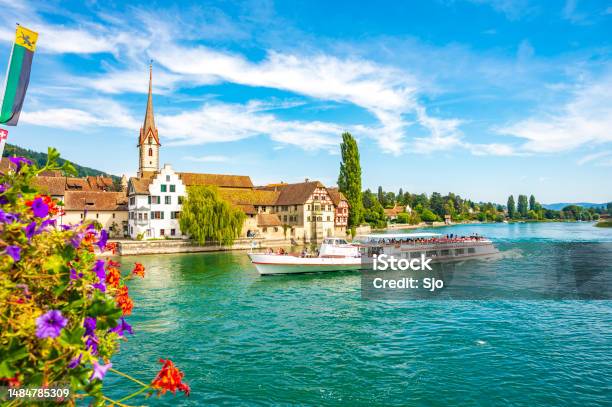 Ferry Sailing On The River Rhine In Stein Am Rhein Stock Photo - Download Image Now - Cruise - Vacation, River, Rhine River