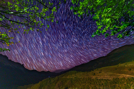 Circumpolar of stars with trees above and the valley below