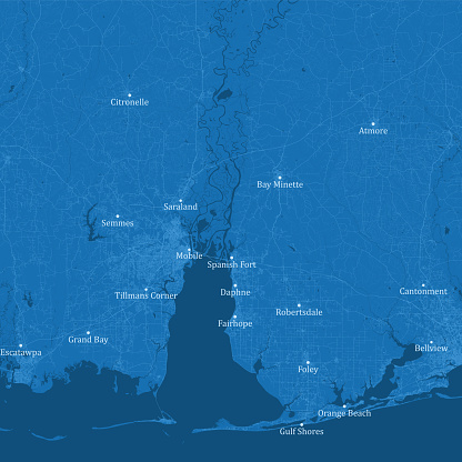 Mobile Bay Alabama City Vector Road Map Blue Text. All source data is in the public domain. U.S. Census Bureau Census Tiger. Used Layers: areawater, linearwater, roads. https://www.census.gov/geographies/mapping-files/time-series/geo/tiger-line-file.html