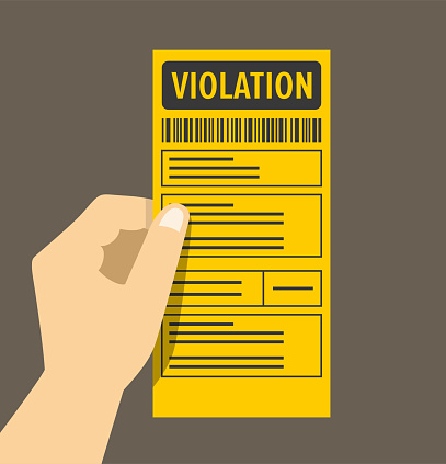 Hand holding yellow violation ticket. Isolated North American parking fine. Flat vector illustration template.