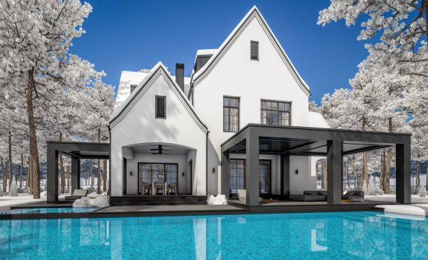 3d rendering of white and black modern tudor house in winter day - house residential structure non urban scene tudor style imagens e fotografias de stock