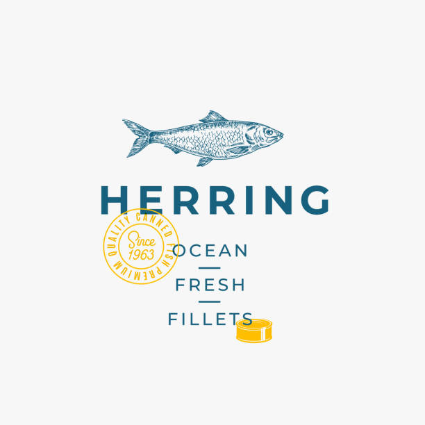 ocean fresh filets abstraktes vektorzeichen, symbol oder logo-vorlage. handgezeichnete heringsfischskizze mit hochwertiger moderner typografie, qualitätssiegel und blechdosensilhouette. stilvolles vektor-emblem-konzept. - hering stock-grafiken, -clipart, -cartoons und -symbole