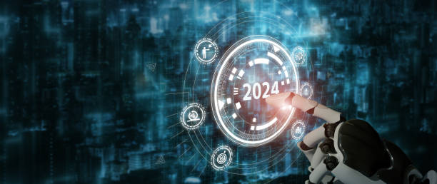 istock 2024 automation technology and business transformation, adaptation, changing concept. Transform business and automation strategy for thriving business. Robot finger about to press a button with 2024. 1484794931