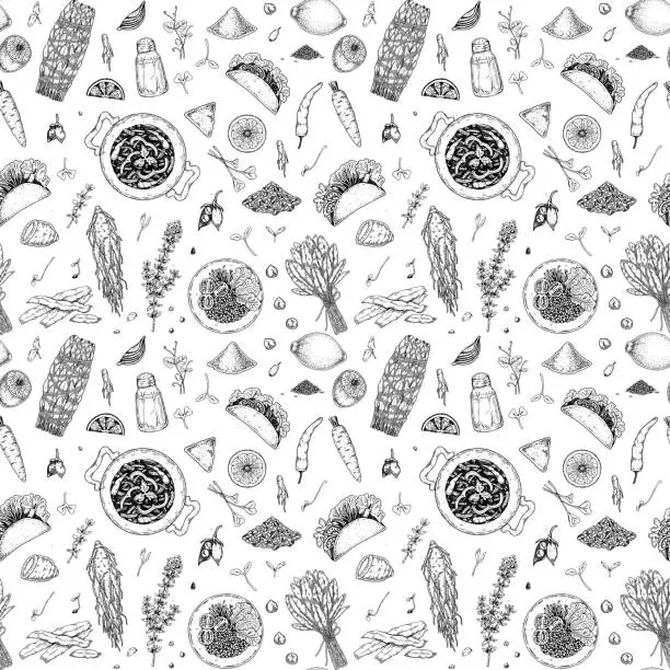Vector illustration of Food seamless pattern. Vector illustration in sketch style. Vintage background for restaurant menu and decoration