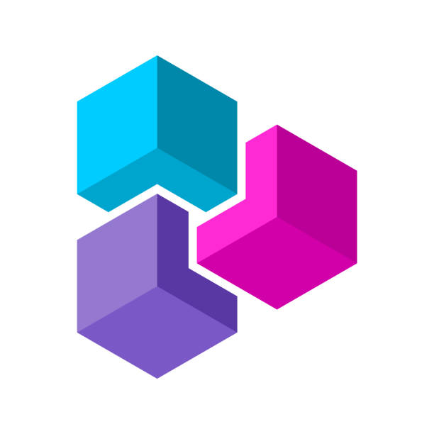 три кубических элемента образуют треугольник. голубой, розовый и фиолетовый цвета. - cube puzzle three dimensional shape block stock illustrations