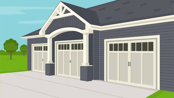 Wooden garage at summer ranch. Perspective view. Vector illustration. Wooden garage at summer ranch. Perspective view. Flat vector illustration template. modern house driveway stock illustrations