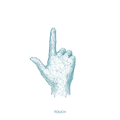 Digital hand pointing something. Abstract digital hand. Forefinger in polygons and lines. Vector low poly wireframe illustration.