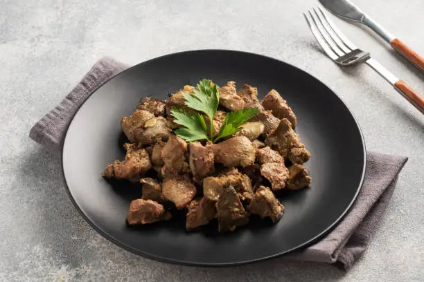 Fried or baked chicken liver with onion and sauce, green parsley leaves on a plate. Meat dish enriched with iron