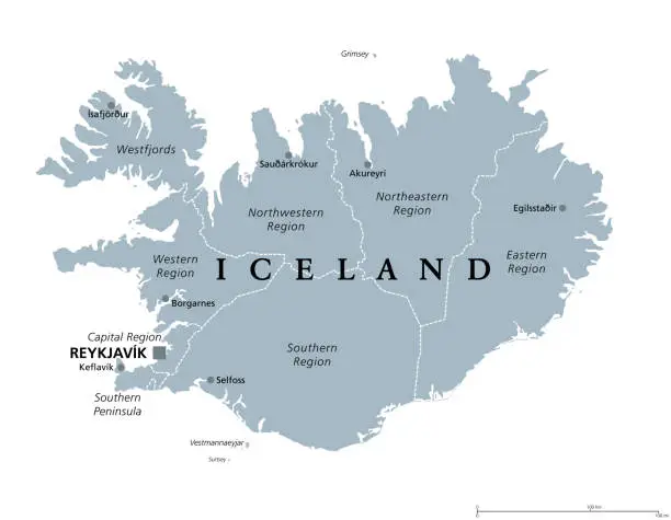 Vector illustration of Regions of Iceland, Nordic island country, gray political map