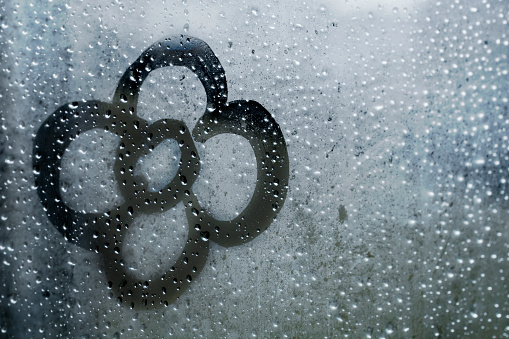 Flower shape on window glass steam, it´s raining outside