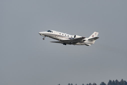 Zurich, Switzerland, January 20, 2023 Cessna 560XL Citation XLS+ business aircraft departing from runway 28 after the world economic forum in Davos