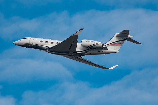 Zurich, Switzerland, January 20, 2023 Gulfstream G600 business aircraft departing from runway 28 after the world economic forum in Davos