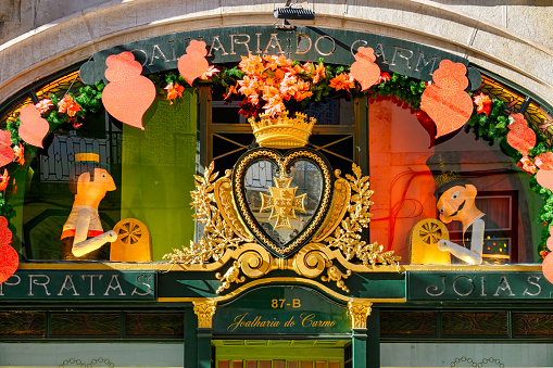 Lisbon, Portugal - January 5, 2023: Closeup shot of a beautiful storefront with \